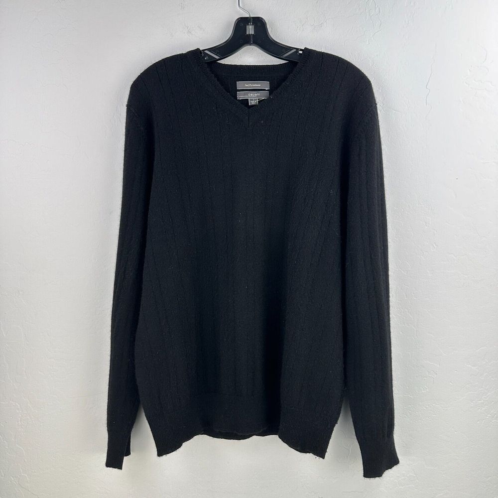 Cezani‎ Sweater Mens Large Black Fine 2 Ply 100% Cashmere Vneck Long Sleeve